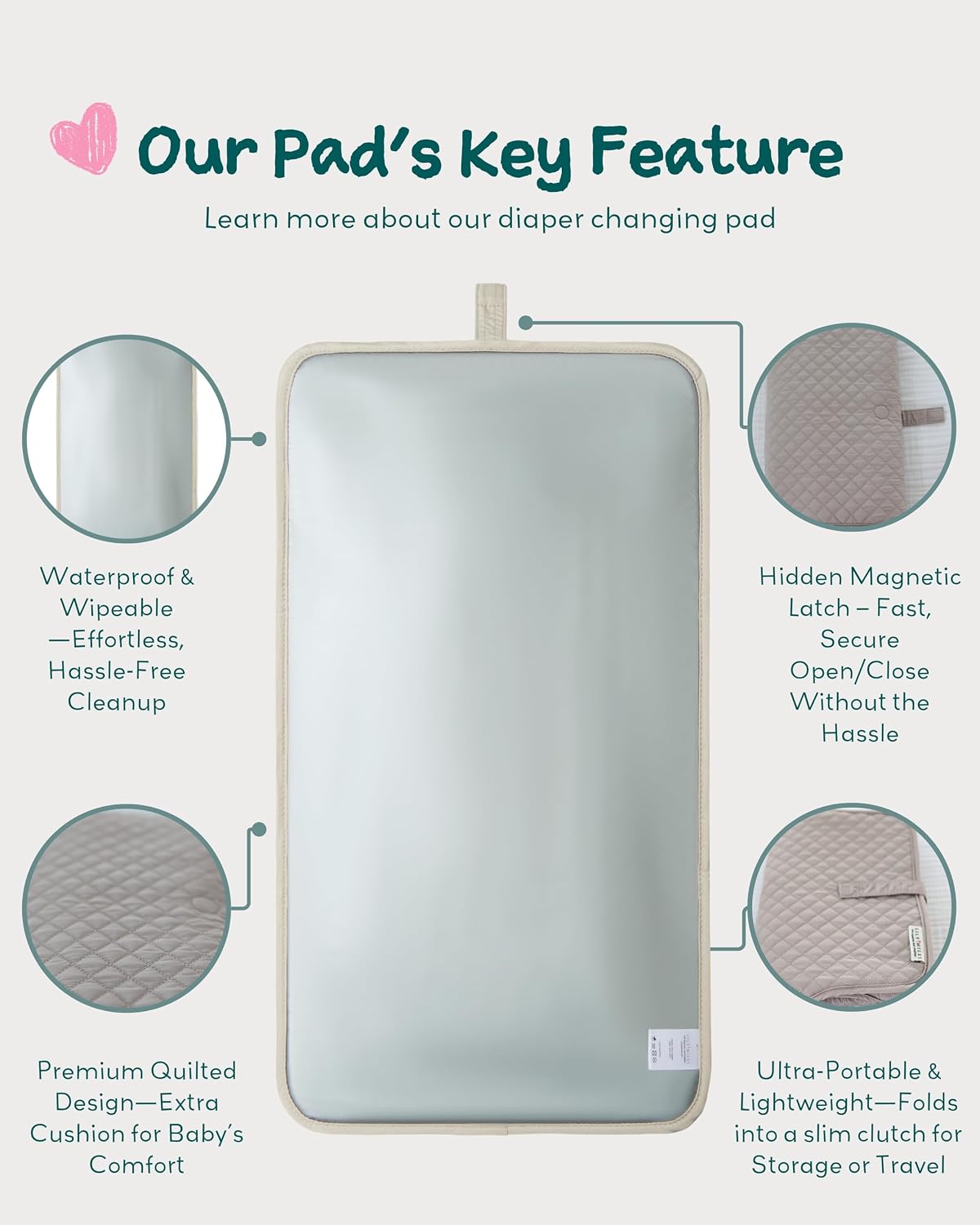 Diaper Changing Pad Portable, Baby Changing Mat with Magnetic Latches, Travel Pad for Diaper Bag, Baby Essentials, Wipeable & Waterproof Mat (Soft Sand, Regular)