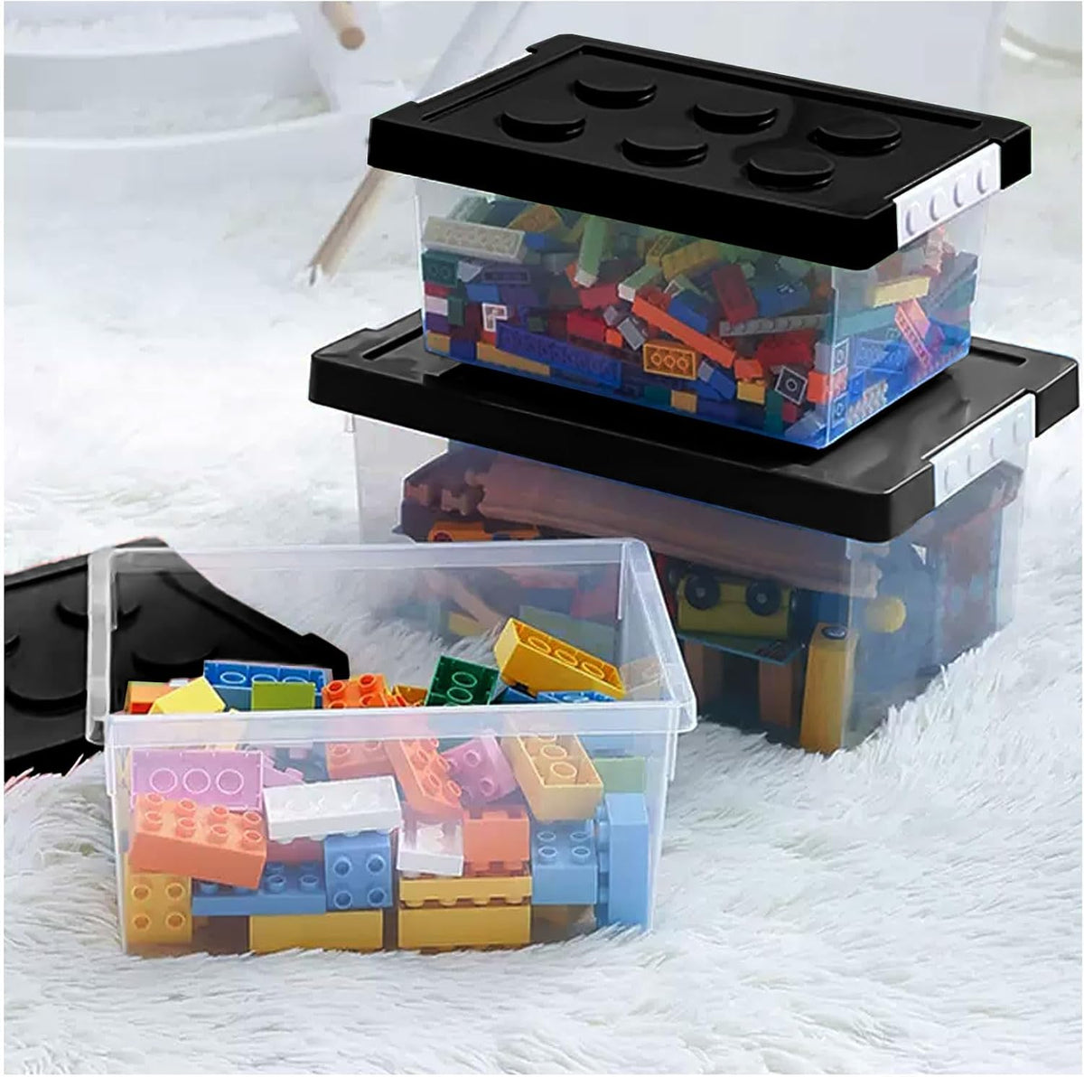 Plastic Storage Bins with Lids - Stackable Toy Storage Organizer Box Set of 2, Toy Chests with Compatible Building Baseplate and Lid, Storage Container for Building Bricks - Yellow+Green