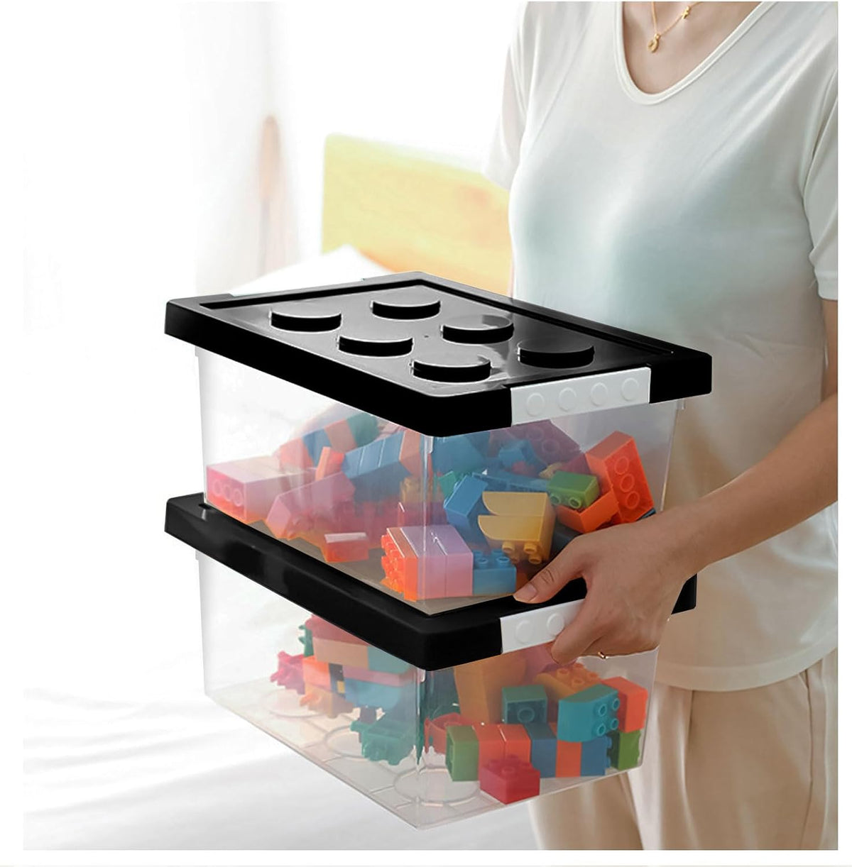 Plastic Storage Bins with Lids - Stackable Toy Storage Organizer Box Set of 2, Toy Chests with Compatible Building Baseplate and Lid, Storage Container for Building Bricks - Yellow+Green