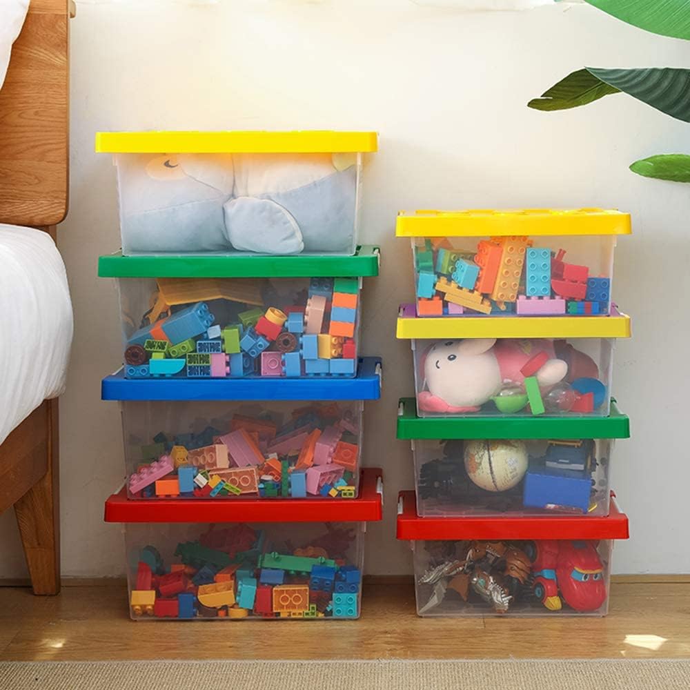 Plastic Storage Bins with Lids - Stackable Toy Storage Organizer Box Set of 2, Toy Chests with Compatible Building Baseplate and Lid, Storage Container for Building Bricks - Yellow+Green