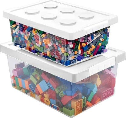 Plastic Storage Bins with Lids - Stackable Toy Storage Organizer Box Set of 2, Toy Chests with Compatible Building Baseplate and Lid, Storage Container for Building Bricks - Yellow+Green