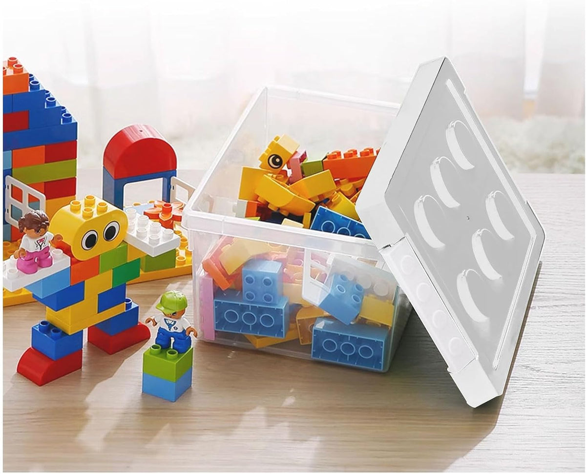 Plastic Storage Bins with Lids - Stackable Toy Storage Organizer Box Set of 2, Toy Chests with Compatible Building Baseplate and Lid, Storage Container for Building Bricks - Yellow+Green