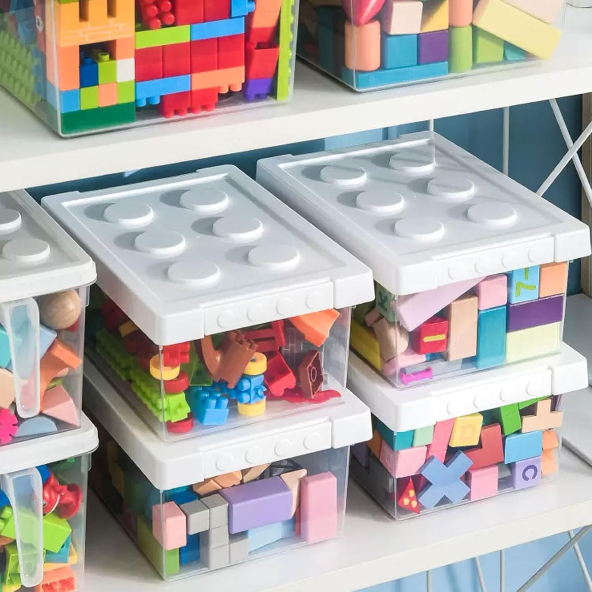 Plastic Storage Bins with Lids - Stackable Toy Storage Organizer Box Set of 2, Toy Chests with Compatible Building Baseplate and Lid, Storage Container for Building Bricks - Yellow+Green