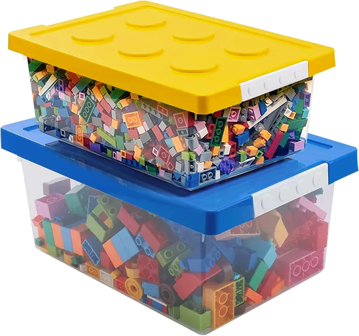 Plastic Storage Bins with Lids - Stackable Toy Storage Organizer Box Set of 2, Toy Chests with Compatible Building Baseplate and Lid, Storage Container for Building Bricks - Yellow+Green