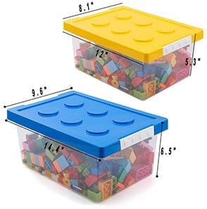 Plastic Storage Bins with Lids - Stackable Toy Storage Organizer Box Set of 2, Toy Chests with Compatible Building Baseplate and Lid, Storage Container for Building Bricks - Yellow+Green