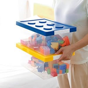 Plastic Storage Bins with Lids - Stackable Toy Storage Organizer Box Set of 2, Toy Chests with Compatible Building Baseplate and Lid, Storage Container for Building Bricks - Yellow+Green