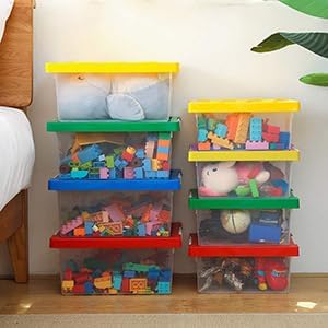 Plastic Storage Bins with Lids - Stackable Toy Storage Organizer Box Set of 2, Toy Chests with Compatible Building Baseplate and Lid, Storage Container for Building Bricks - Yellow+Green