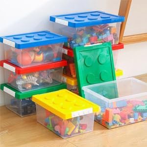 Plastic Storage Bins with Lids - Stackable Toy Storage Organizer Box Set of 2, Toy Chests with Compatible Building Baseplate and Lid, Storage Container for Building Bricks - Yellow+Green