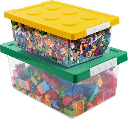 Plastic Storage Bins with Lids - Stackable Toy Storage Organizer Box Set of 2, Toy Chests with Compatible Building Baseplate and Lid, Storage Container for Building Bricks - Yellow+Green