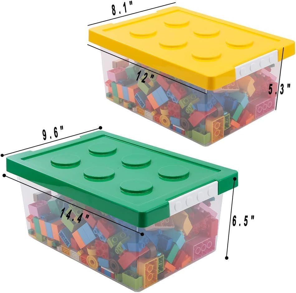 Plastic Storage Bins with Lids - Stackable Toy Storage Organizer Box Set of 2, Toy Chests with Compatible Building Baseplate and Lid, Storage Container for Building Bricks - Yellow+Green