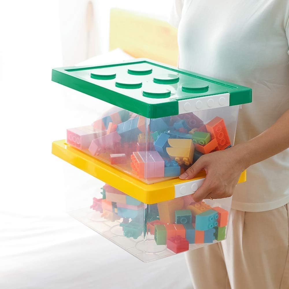 Plastic Storage Bins with Lids - Stackable Toy Storage Organizer Box Set of 2, Toy Chests with Compatible Building Baseplate and Lid, Storage Container for Building Bricks - Yellow+Green