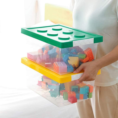 Plastic Storage Bins with Lids - Stackable Toy Storage Organizer Box Set of 2, Toy Chests with Compatible Building Baseplate and Lid, Storage Container for Building Bricks - Yellow+Green