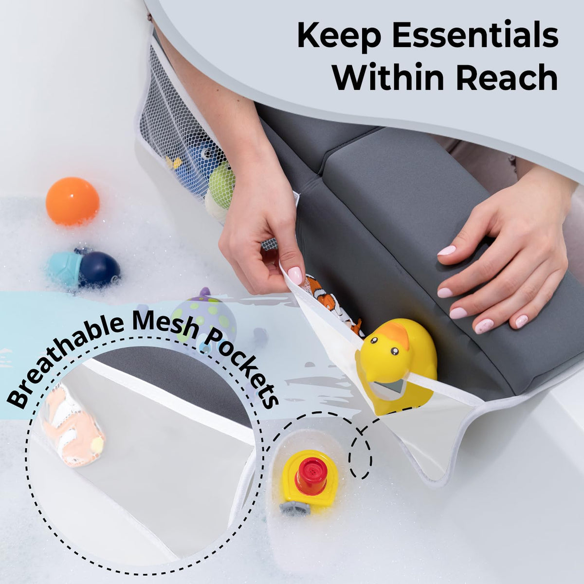 Grey Bath Kneeler and Elbow Rest Pad Set (2Pcs) with Panda Hooded Towel I Made from Viscose Derived from Bamboo & Cotton I Soft, Anti- Slip & Absorbent Kneeler Pad with Elbow Rest Pockets for Baby