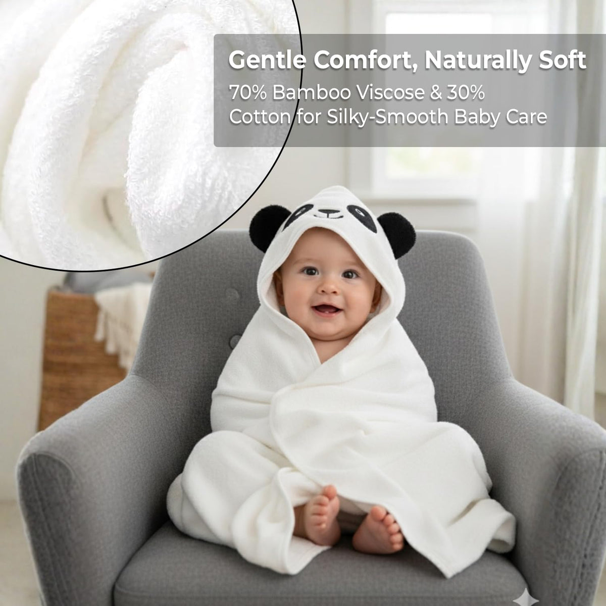 Grey Bath Kneeler and Elbow Rest Pad Set (2Pcs) with Panda Hooded Towel I Made from Viscose Derived from Bamboo & Cotton I Soft, Anti- Slip & Absorbent Kneeler Pad with Elbow Rest Pockets for Baby