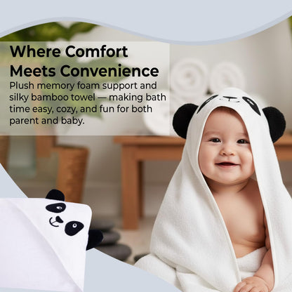 Grey Bath Kneeler and Elbow Rest Pad Set (2Pcs) with Panda Hooded Towel I Made from Viscose Derived from Bamboo & Cotton I Soft, Anti- Slip & Absorbent Kneeler Pad with Elbow Rest Pockets for Baby