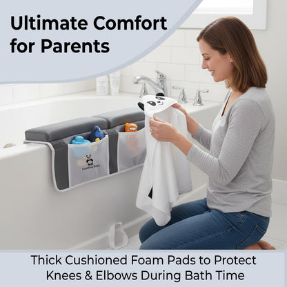 Grey Bath Kneeler and Elbow Rest Pad Set (2Pcs) with Panda Hooded Towel I Made from Viscose Derived from Bamboo & Cotton I Soft, Anti- Slip & Absorbent Kneeler Pad with Elbow Rest Pockets for Baby
