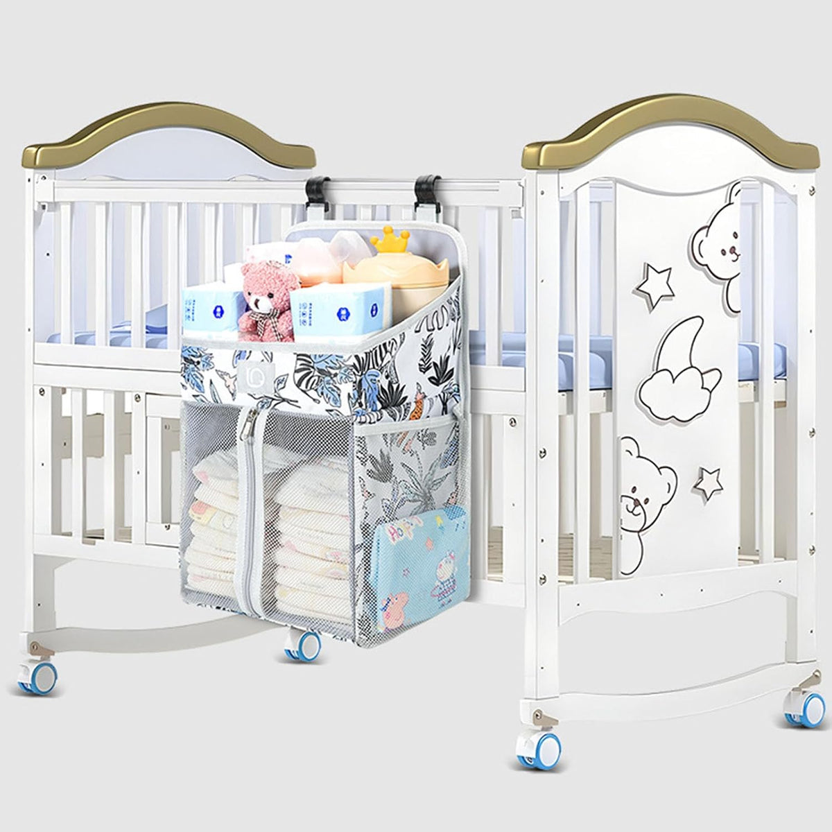 Practical Bedsides Hanging Storage Bag for Diapers Bottles Toy Sturdy Oxford Cloth Organizers with Pockets Changing Table Diaper Organizers