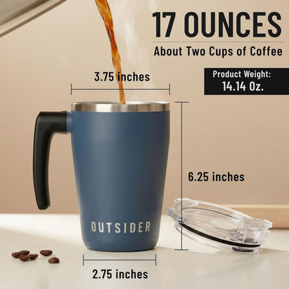 The AM 17 oz Stainless Steel Vacuum Insulated Coffee Mug with 180° Rotating Swivel Handle and Lockable Spill Proof Lid – Travel Tumbler for Outdoor, Home & Office - Navy
