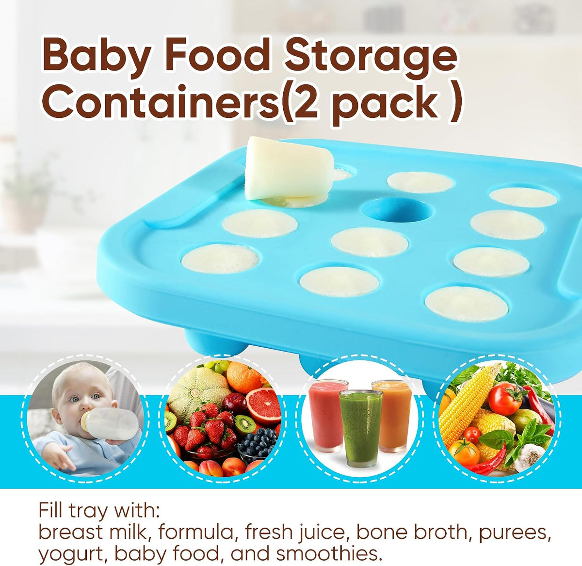 Silicone Milk Freezer Tray - Perfect Storage Container Silicone Food Freezer Tray Mold With Lid for Bone Broth, Purees Food and Purees Color Aqua Blue