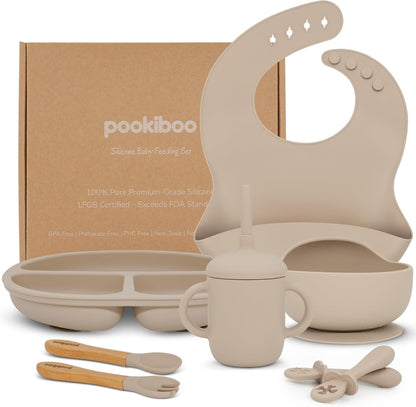 Silicone Baby Feeding Set - 100% Pure LFGB Premium Silicone - 8 Piece Feeding Set: Bib, Straw Cup, Suction Plate & Bowl, Fork & Spoon, Self-Feeding Spoons - BPA-Free, BPS-Free (BLUE)