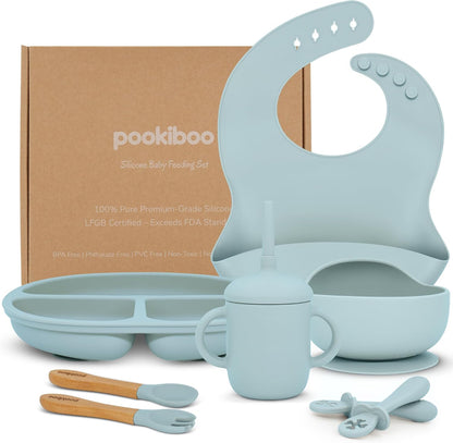 Silicone Baby Feeding Set - 100% Pure LFGB Premium Silicone - 8 Piece Feeding Set: Bib, Straw Cup, Suction Plate & Bowl, Fork & Spoon, Self-Feeding Spoons - BPA-Free, BPS-Free (BLUE)