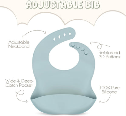 Silicone Baby Feeding Set - 100% Pure LFGB Premium Silicone - 8 Piece Feeding Set: Bib, Straw Cup, Suction Plate & Bowl, Fork & Spoon, Self-Feeding Spoons - BPA-Free, BPS-Free (BLUE)