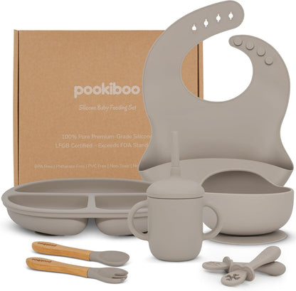 Silicone Baby Feeding Set - 100% Pure LFGB Premium Silicone - 8 Piece Feeding Set: Bib, Straw Cup, Suction Plate & Bowl, Fork & Spoon, Self-Feeding Spoons - BPA-Free, BPS-Free (BLUE)