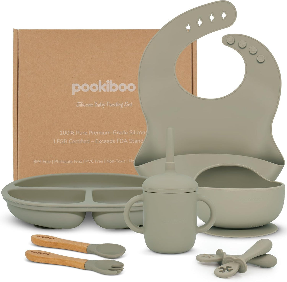 Silicone Baby Feeding Set - 100% Pure LFGB Premium Silicone - 8 Piece Feeding Set: Bib, Straw Cup, Suction Plate & Bowl, Fork & Spoon, Self-Feeding Spoons - BPA-Free, BPS-Free (BLUE)