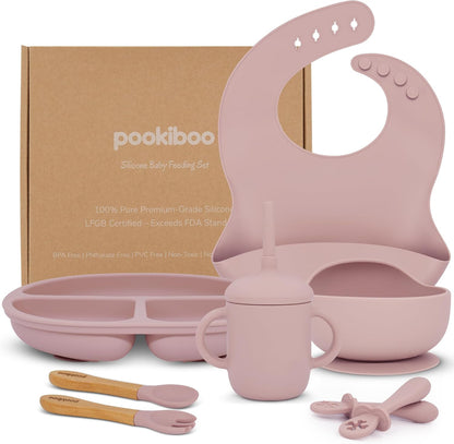 Silicone Baby Feeding Set - 100% Pure LFGB Premium Silicone - 8 Piece Feeding Set: Bib, Straw Cup, Suction Plate & Bowl, Fork & Spoon, Self-Feeding Spoons - BPA-Free, BPS-Free (BLUE)