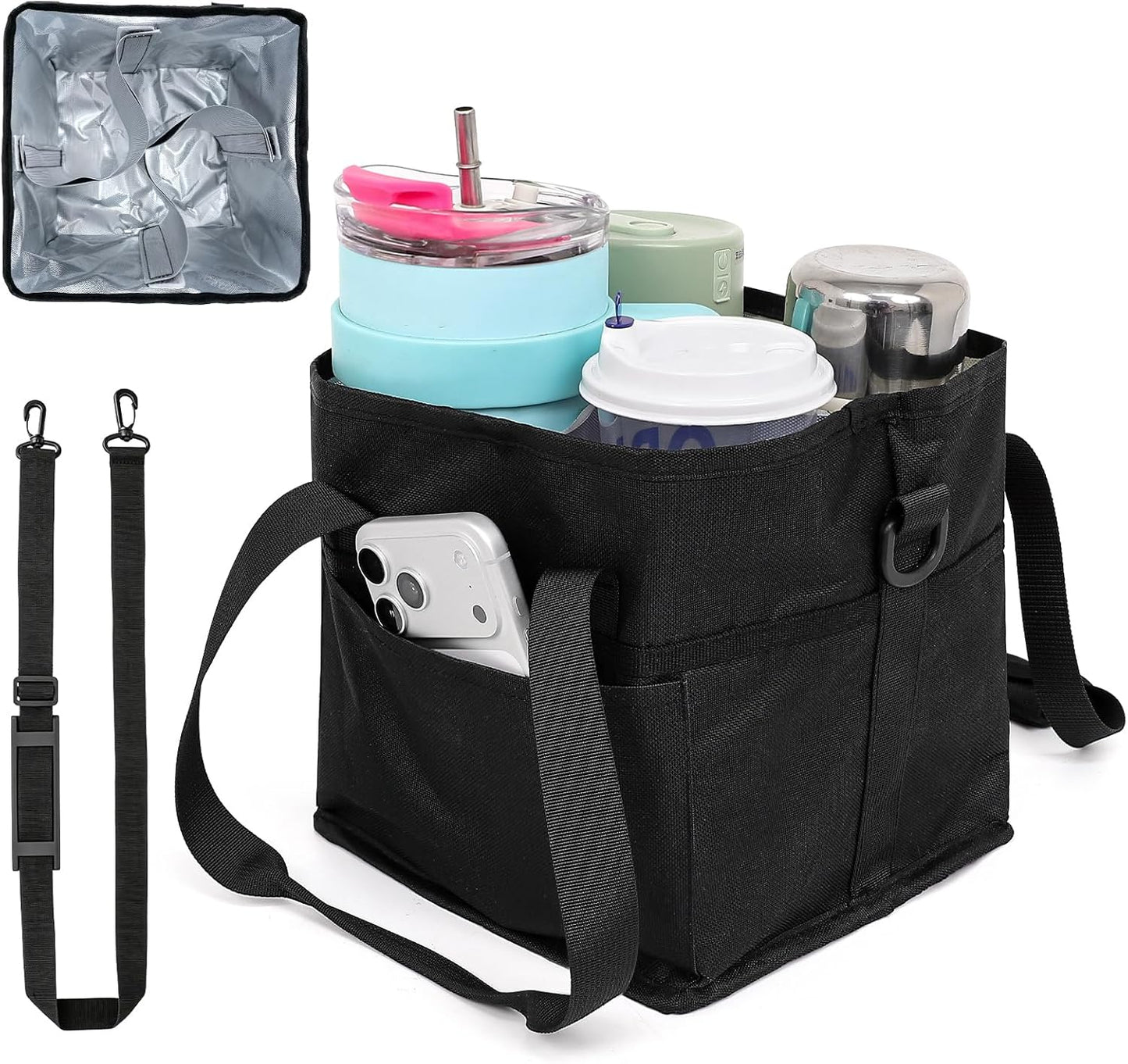 Qiannhee Family Size 4 Compartment Drink Bag - Insulated Reusable Drink Carrier with Adjustable Dividers & Shoulder Strap - Sturdy Portable Cup Holder for Delivery, Picnics, Travel & Outdoor Events
