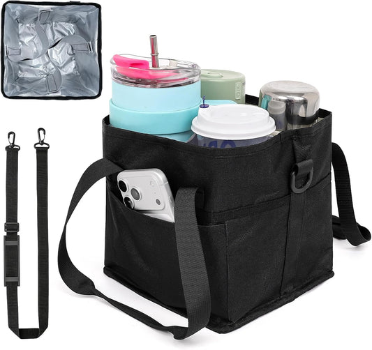 Qiannhee Family Size 4 Compartment Drink Bag - Insulated Reusable Drink Carrier with Adjustable Dividers & Shoulder Strap - Sturdy Portable Cup Holder for Delivery, Picnics, Travel & Outdoor Events