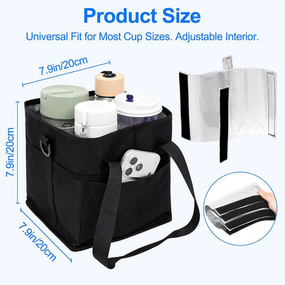 Qiannhee Family Size 4 Compartment Drink Bag - Insulated Reusable Drink Carrier with Adjustable Dividers & Shoulder Strap - Sturdy Portable Cup Holder for Delivery, Picnics, Travel & Outdoor Events