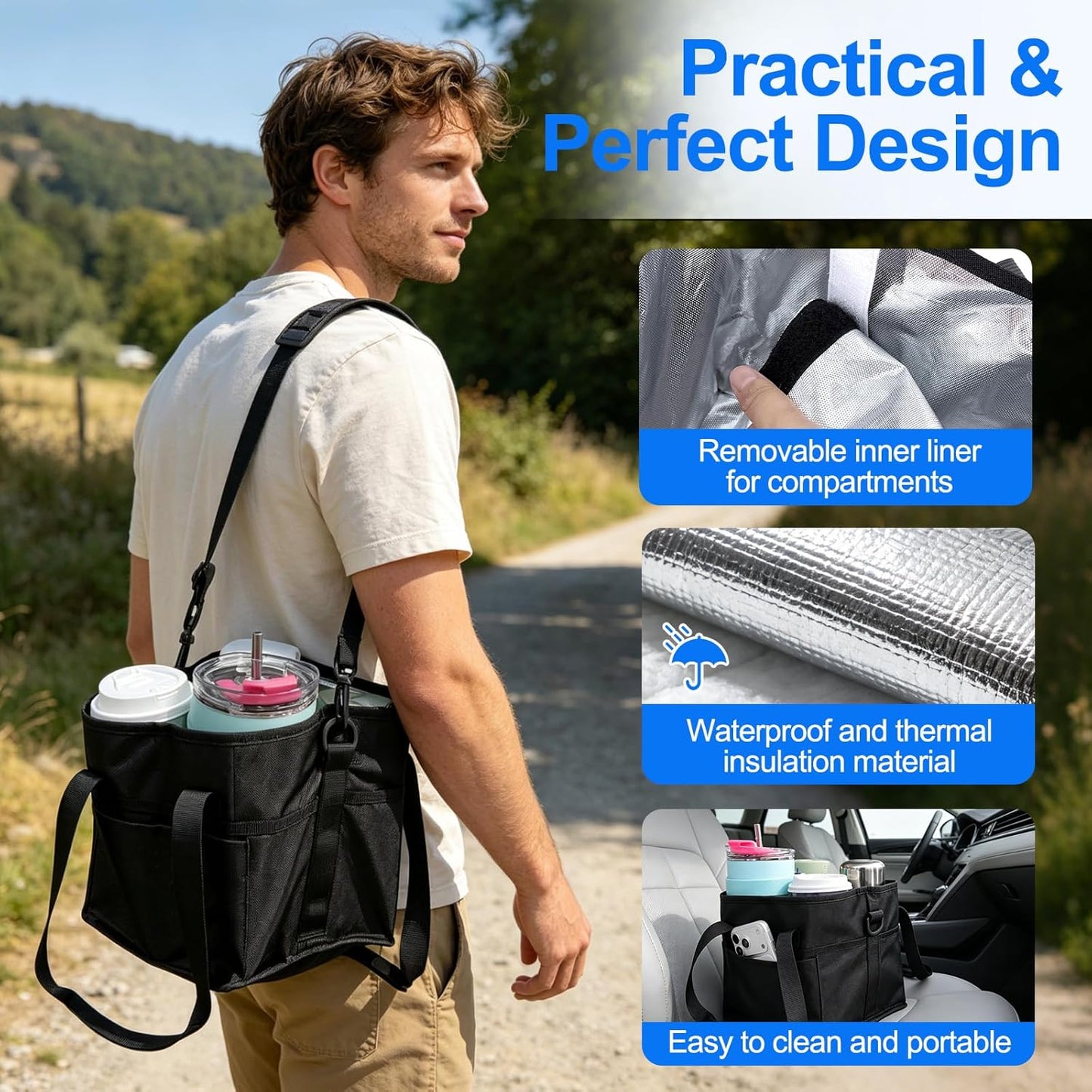 Qiannhee Family Size 4 Compartment Drink Bag - Insulated Reusable Drink Carrier with Adjustable Dividers & Shoulder Strap - Sturdy Portable Cup Holder for Delivery, Picnics, Travel & Outdoor Events