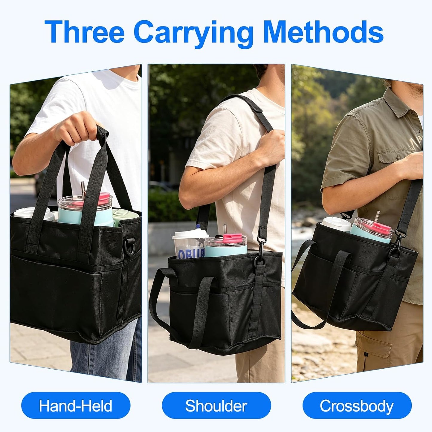 Qiannhee Family Size 4 Compartment Drink Bag - Insulated Reusable Drink Carrier with Adjustable Dividers & Shoulder Strap - Sturdy Portable Cup Holder for Delivery, Picnics, Travel & Outdoor Events