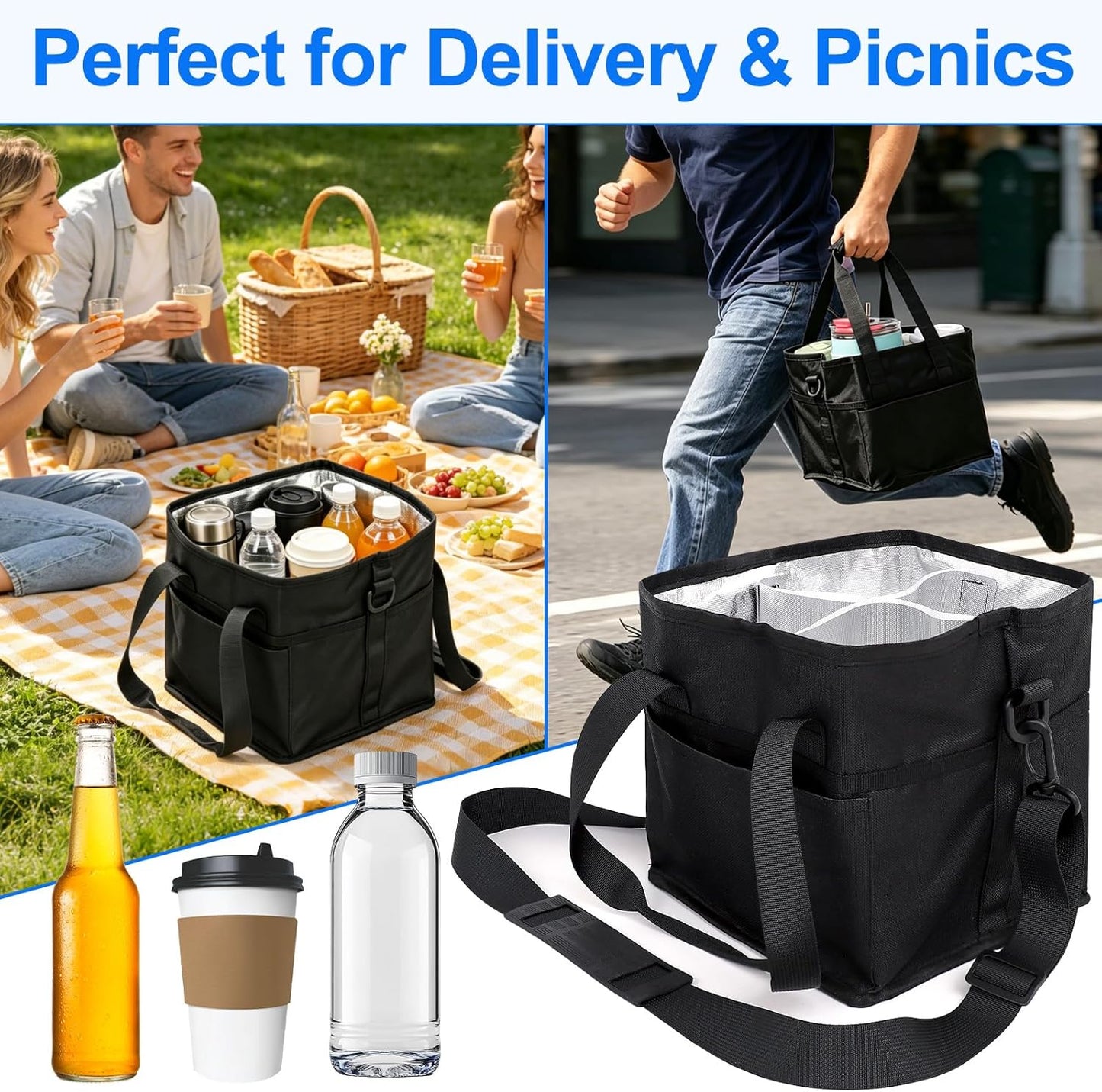 Qiannhee Family Size 4 Compartment Drink Bag - Insulated Reusable Drink Carrier with Adjustable Dividers & Shoulder Strap - Sturdy Portable Cup Holder for Delivery, Picnics, Travel & Outdoor Events