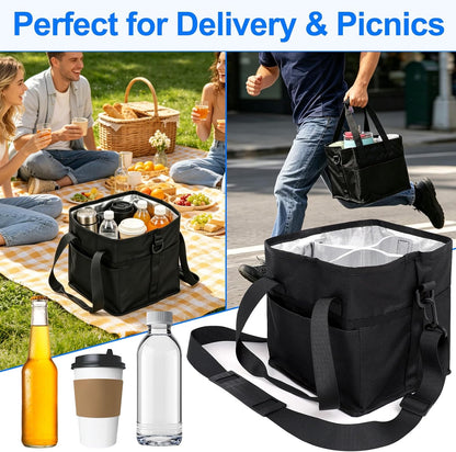 Qiannhee Family Size 4 Compartment Drink Bag - Insulated Reusable Drink Carrier with Adjustable Dividers & Shoulder Strap - Sturdy Portable Cup Holder for Delivery, Picnics, Travel & Outdoor Events