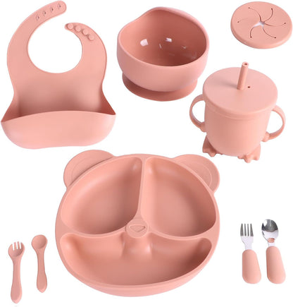 Silicone Baby Feeding Set, Baby Led Weaning Supplies with Suction Bowl Divided Plate, Toddler Self Feeding Dish Baby Spoon and Fork,Sippy Cup, Eating Utensils for 6+ Months(Pink) (Pink)