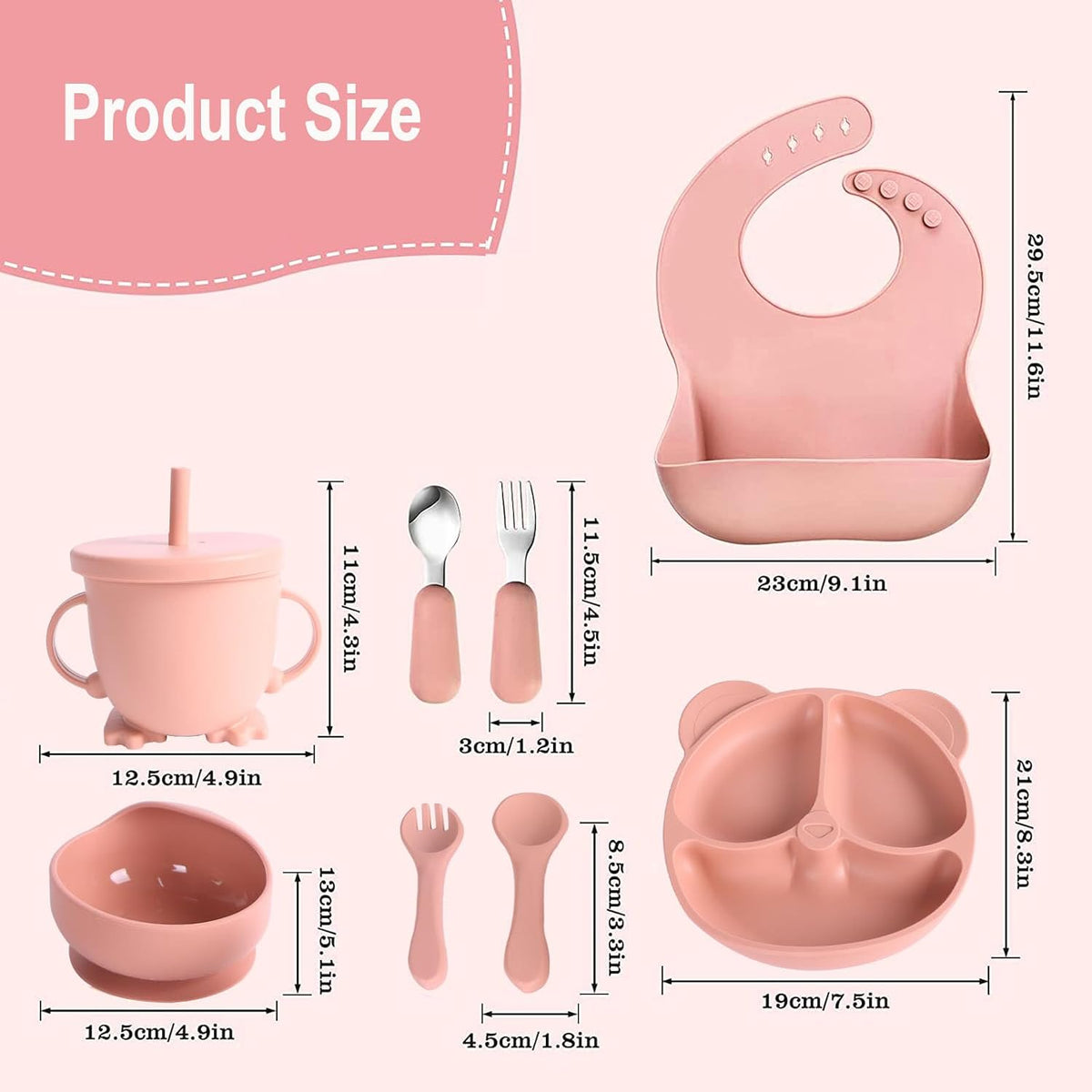 Silicone Baby Feeding Set, Baby Led Weaning Supplies with Suction Bowl Divided Plate, Toddler Self Feeding Dish Baby Spoon and Fork,Sippy Cup, Eating Utensils for 6+ Months(Pink) (Pink)