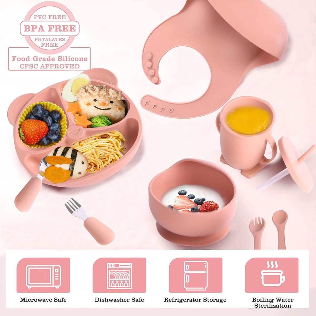 Silicone Baby Feeding Set, Baby Led Weaning Supplies with Suction Bowl Divided Plate, Toddler Self Feeding Dish Baby Spoon and Fork,Sippy Cup, Eating Utensils for 6+ Months(Pink) (Pink)