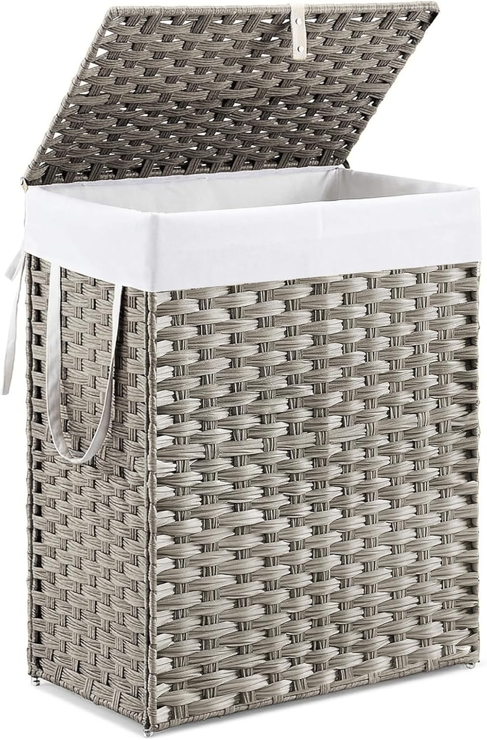 DUMOS Woven Laundry Basket with Lid, 90L Large Capacity Hamper, Removable & Machine-Washable Liner, Foldable Rattan Clothes Hamper, Sturdy Steel Frame, Odor Control, Dove Gray
