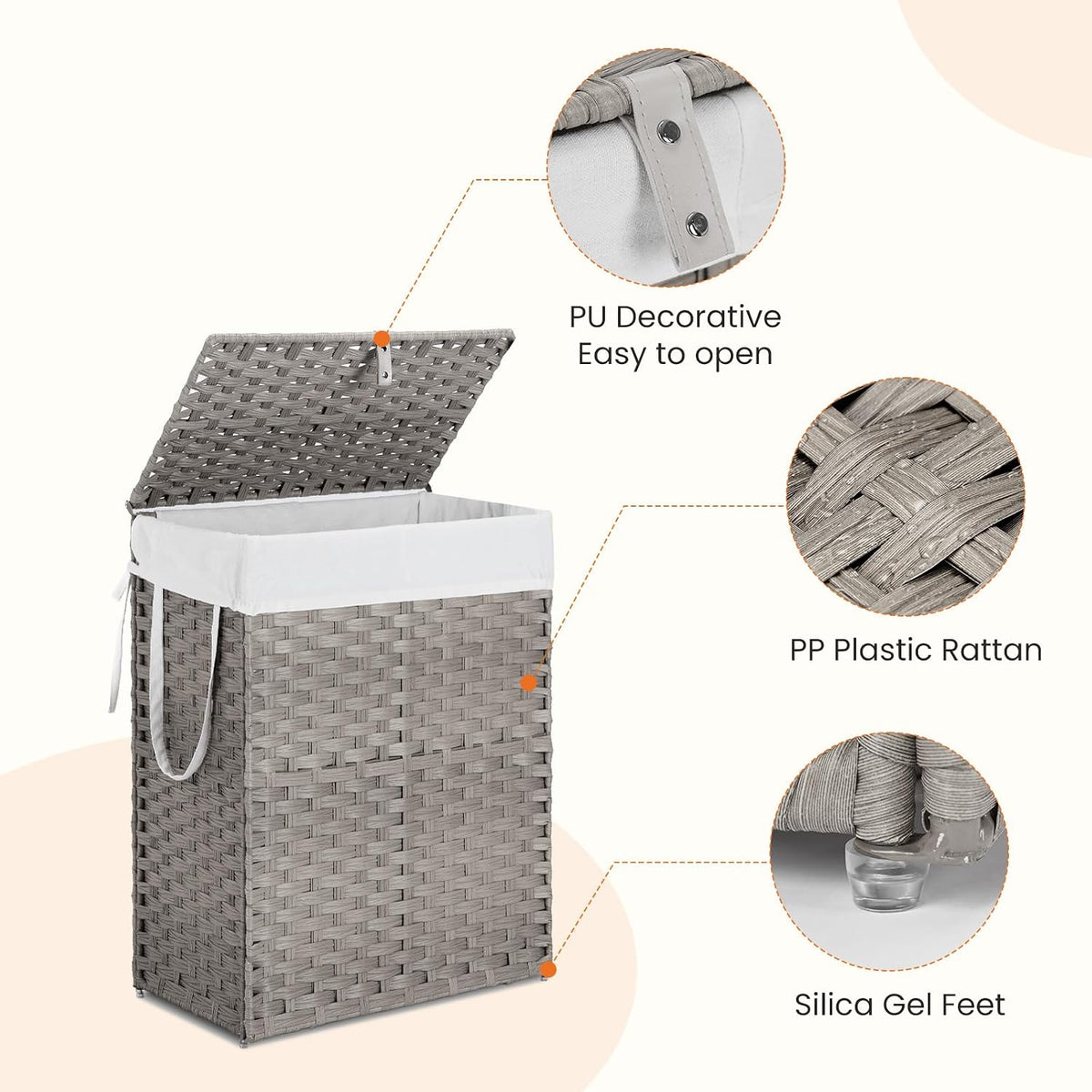 DUMOS Woven Laundry Basket with Lid, 90L Large Capacity Hamper, Removable & Machine-Washable Liner, Foldable Rattan Clothes Hamper, Sturdy Steel Frame, Odor Control, Dove Gray