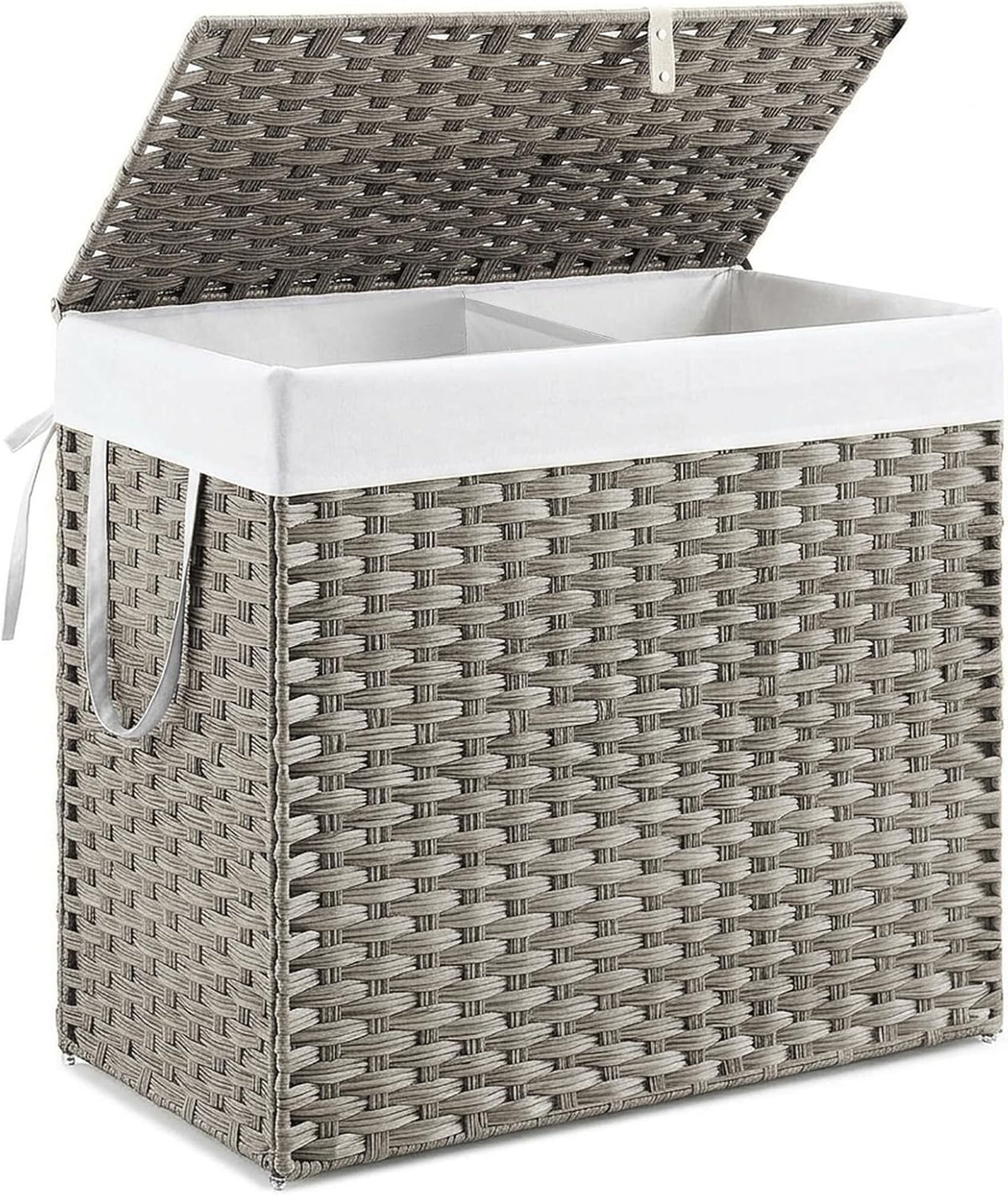 DUMOS Woven Laundry Basket with Lid, 90L Large Capacity Hamper, Removable & Machine-Washable Liner, Foldable Rattan Clothes Hamper, Sturdy Steel Frame, Odor Control, Dove Gray