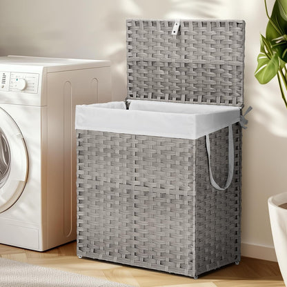 DUMOS Woven Laundry Basket with Lid, 90L Large Capacity Hamper, Removable & Machine-Washable Liner, Foldable Rattan Clothes Hamper, Sturdy Steel Frame, Odor Control, Dove Gray