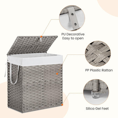 DUMOS Woven Laundry Basket with Lid, 90L Large Capacity Hamper, Removable & Machine-Washable Liner, Foldable Rattan Clothes Hamper, Sturdy Steel Frame, Odor Control, Dove Gray