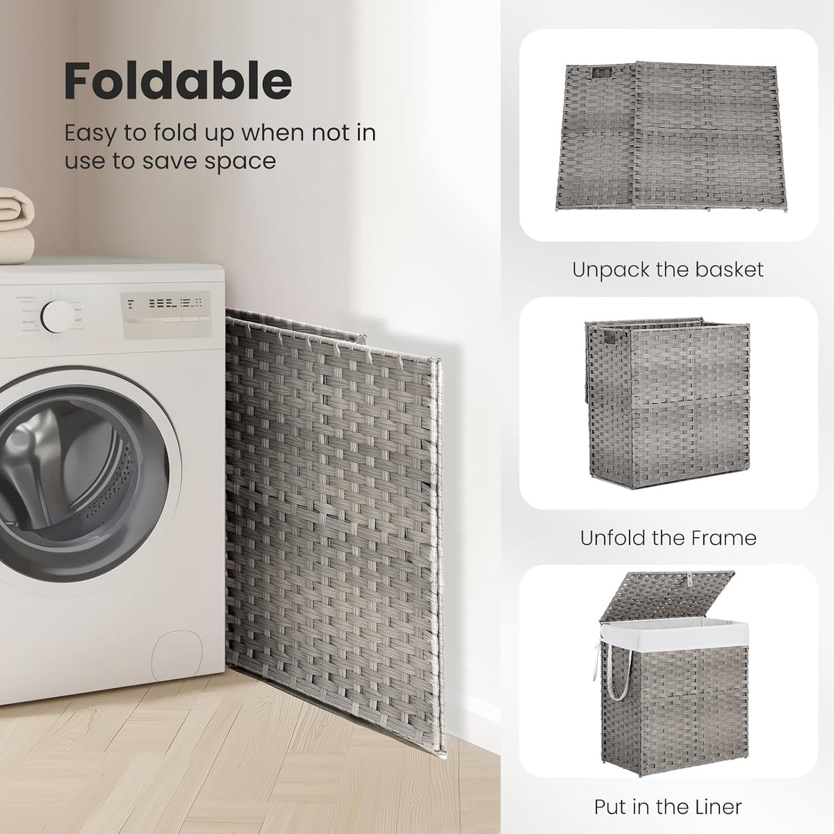 DUMOS Woven Laundry Basket with Lid, 90L Large Capacity Hamper, Removable & Machine-Washable Liner, Foldable Rattan Clothes Hamper, Sturdy Steel Frame, Odor Control, Dove Gray