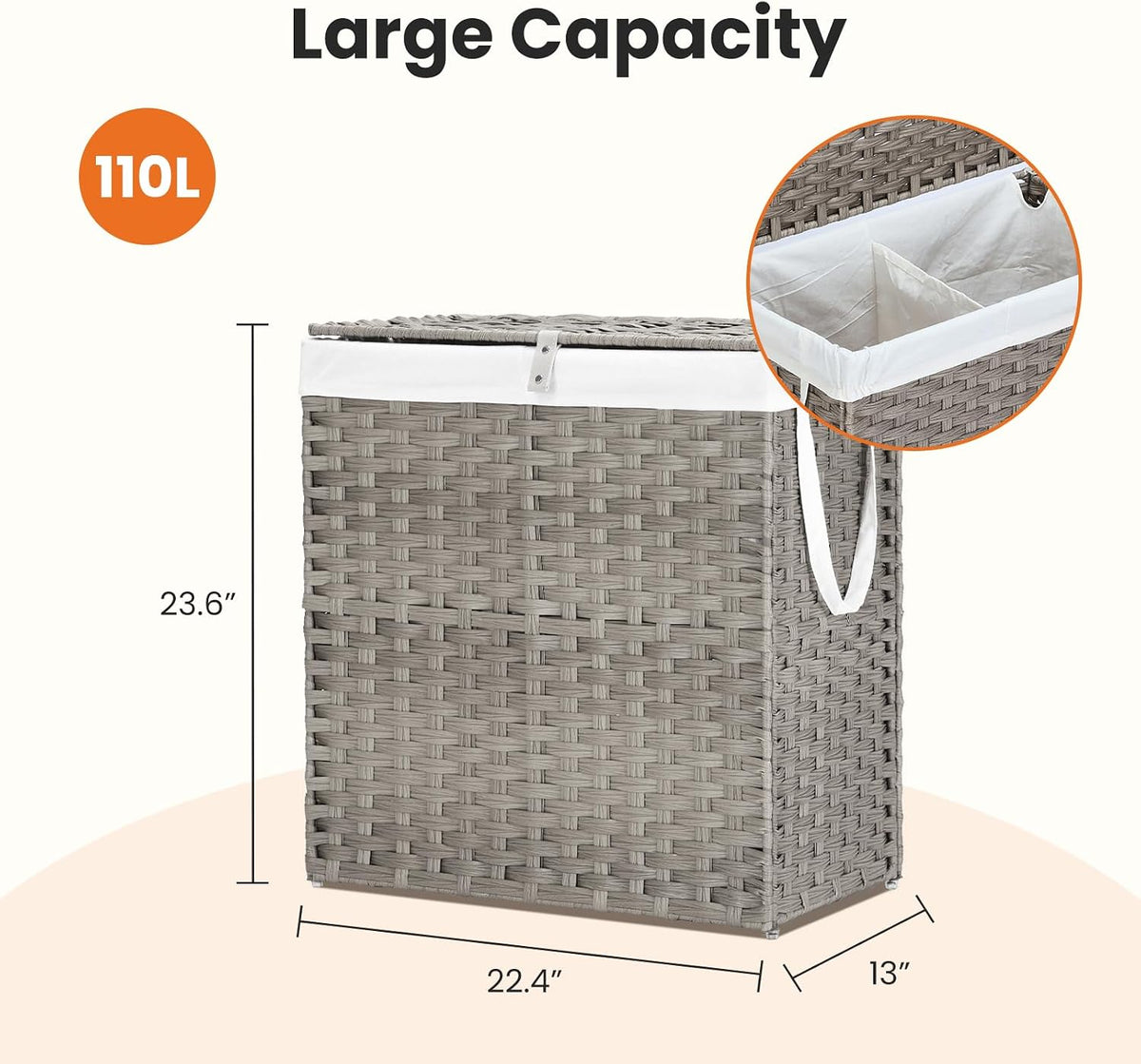 DUMOS Woven Laundry Basket with Lid, 90L Large Capacity Hamper, Removable & Machine-Washable Liner, Foldable Rattan Clothes Hamper, Sturdy Steel Frame, Odor Control, Dove Gray