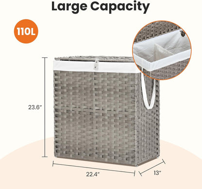 DUMOS Woven Laundry Basket with Lid, 90L Large Capacity Hamper, Removable & Machine-Washable Liner, Foldable Rattan Clothes Hamper, Sturdy Steel Frame, Odor Control, Dove Gray
