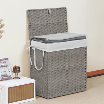 DUMOS Woven Laundry Basket with Lid, 90L Large Capacity Hamper, Removable & Machine-Washable Liner, Foldable Rattan Clothes Hamper, Sturdy Steel Frame, Odor Control, Dove Gray