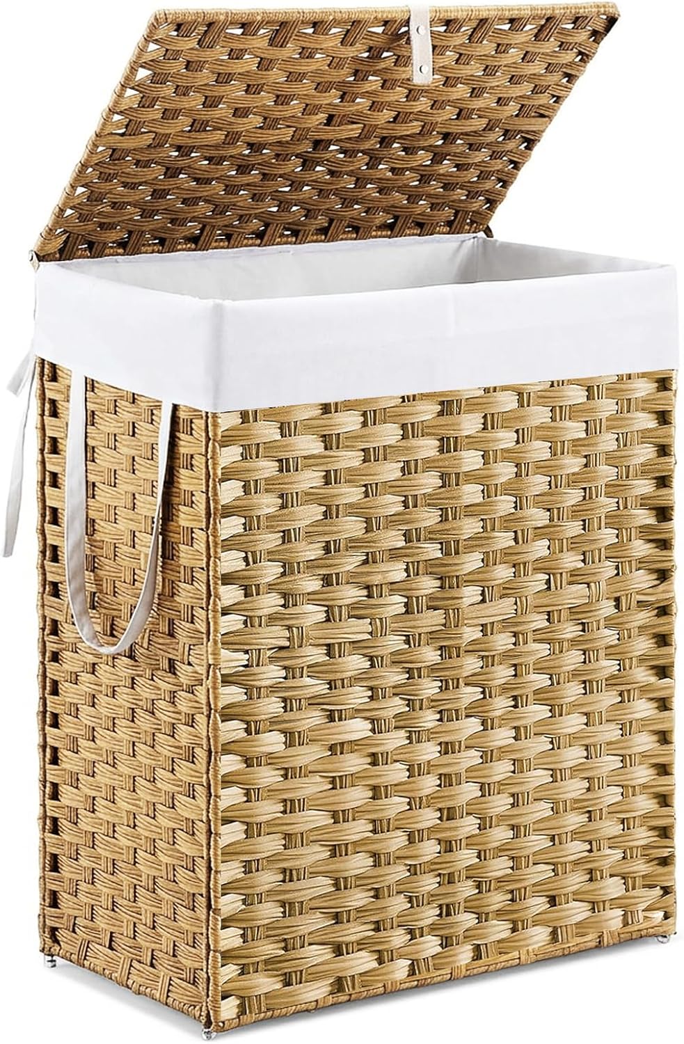 DUMOS Woven Laundry Basket with Lid, 90L Large Capacity Hamper, Removable & Machine-Washable Liner, Foldable Rattan Clothes Hamper, Sturdy Steel Frame, Odor Control, Dove Gray