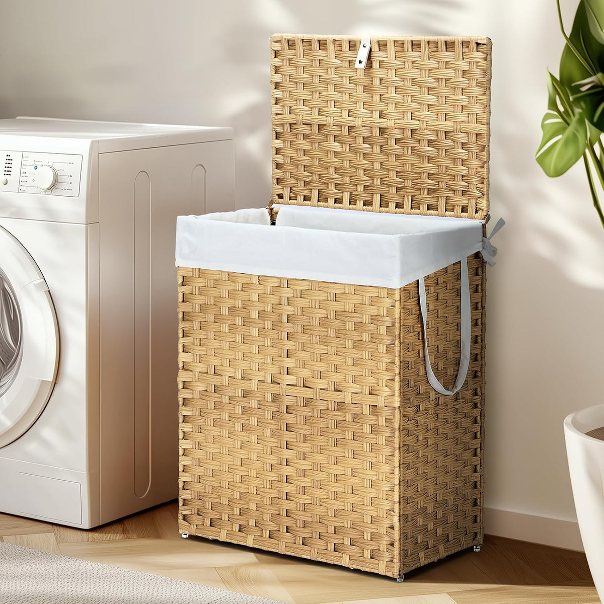 DUMOS Woven Laundry Basket with Lid, 90L Large Capacity Hamper, Removable & Machine-Washable Liner, Foldable Rattan Clothes Hamper, Sturdy Steel Frame, Odor Control, Dove Gray